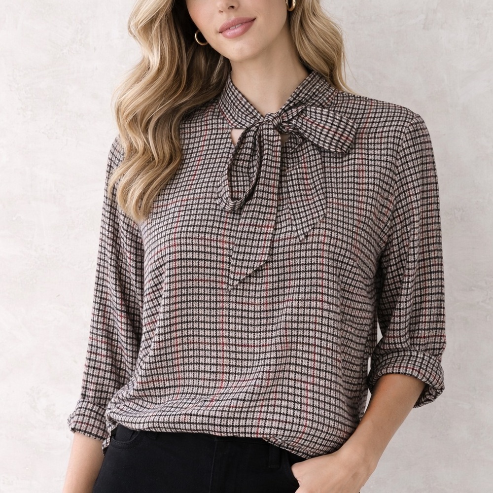 MIXXO Checkered Tie Neck Blouse Chic Office Career Academia Top Small